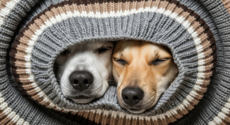 Two adorable dogs are snuggled together inside a warm, knitted blanket, their eyes closed in peaceful slumber, creating a heartwarming scene of comfort and companionship.の素材
