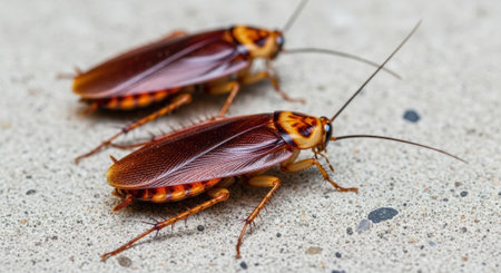 Close-up of two American cockroaches, showcasing their reddish-brown bodies and long antennae, resting on a gray concrete surface.の素材