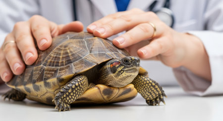 A veterinarian in a white coat gently examines a tortoise, providing healthcare and ensuring the reptiles well-being during a checkup.の素材