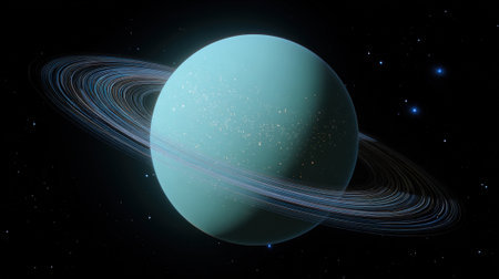 A captivating image of Uranus, the seventh planet from the Sun, showcasing its distinctive rings and serene blue-green hue against a backdrop of distant stars.の素材