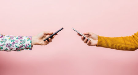 Cropped view of two hands, each holding a mobile phone, facing each other against a solid pink background. Concept of digital interaction, messaging, and online dating.の素材