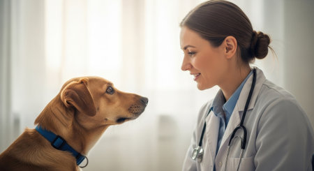 A compassionate veterinarian examines a golden Labrador Retriever in a bright clinic, ensuring the dogs health and well-being with a gentle touch and professional care.の素材
