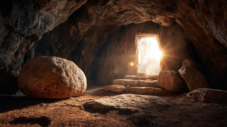 A depiction of the empty tomb of Jesus Christ, with a large stone rolled away and bright light emanating from the entrance.の素材