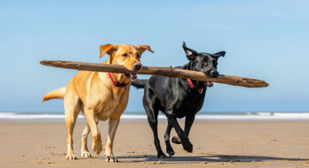 A golden labrador and a black labrador joyfully collaborate to carry a substantial tree branch across a sandy beach under a clear blue sky, showcasing teamwork and canine happiness.の素材