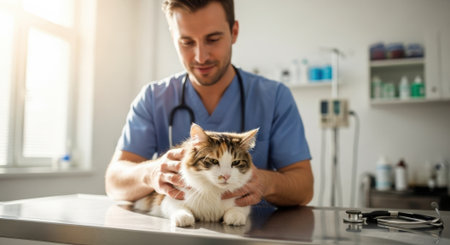 A male veterinarian wearing scrubs and a stethoscope gently examines a calico cat on a stainless steel examination table in a bright, modern clinic.の素材
