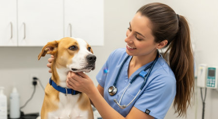 A caring veterinarian gently examines a dog in a bright, modern clinic, showcasing pet healthcare and professional veterinary services.の素材