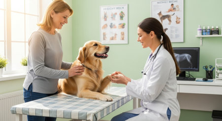 A veterinarian examines a golden retrievers paw while its owner stands nearby, offering comfort and support during the checkup in a bright clinic.の素材
