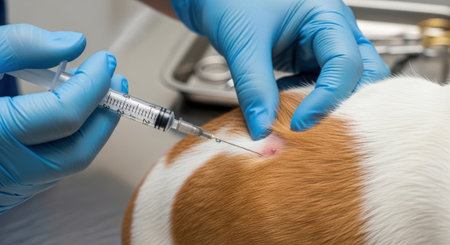 Close-up of a veterinarian wearing blue gloves administering an injection to a dog, focusing on pet healthcare and veterinary medicine.の素材