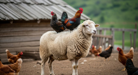 A sheep stands in a farmyard with chickens perched on its back, surrounded by other chickens, creating a whimsical and unexpected scene.の素材