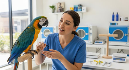 A female veterinarian in blue scrubs interacts with a vibrant macaw parrot, examining it in a well-lit clinical environment.の素材