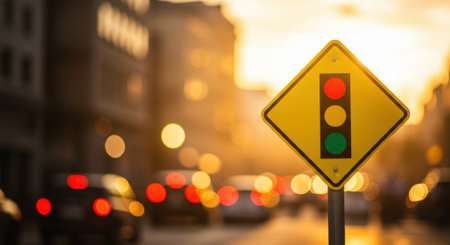 A yellow diamond traffic sign with a traffic light symbol stands against a blurred urban backdrop with bokeh lights.の素材