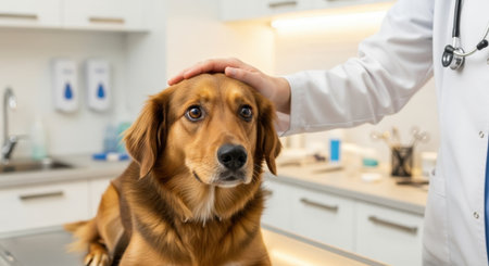 A kind veterinarian comforts a brown dog during a checkup in a bright, modern clinic, showing care and compassion for the animal.の素材