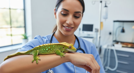 A caring veterinarian examines a vibrant green crested gecko at a modern clinic, providing professional care and expertise for the reptiles' health and well-being.の素材