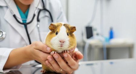 A vet in a white coat examines a cute guinea pig, ensuring its health and well-being in a bright clinic.の素材