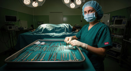 A surgical nurse in scrubs and mask prepares sterile instruments on a tray in a brightly lit operating room, ready for a medical procedure.の素材