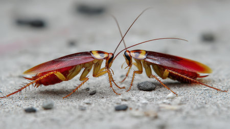 A close-up shot of two American cockroaches facing each other on a concrete surface, showcasing their intricate details and antennae.の素材