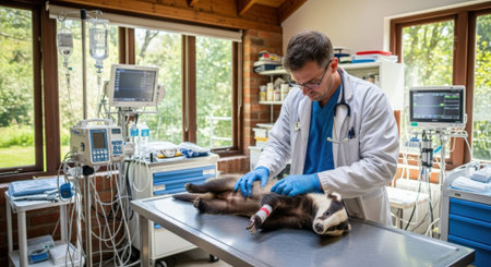 A veterinarian wearing a white coat and blue gloves examines a dog on a metal table in a brightly lit clinic filled with medical equipment.の素材