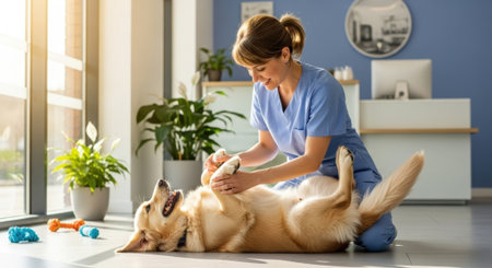 A vet in scrubs gently examines a happy Labrador Retriever lying on its back in a bright, modern veterinary clinic.の素材