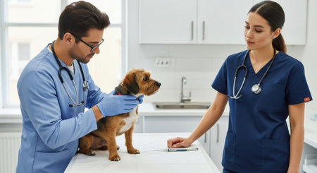 A veterinarian carefully examines a beagle on an examination table, assisted by a veterinary technician in a bright, modern clinical setting.の素材