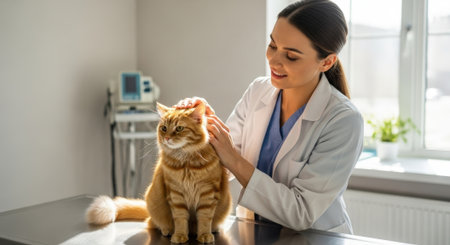 A caring veterinarian in a white coat gently examines a ginger cat on an examination table in a bright, modern clinical setting.の素材