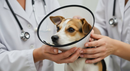 A veterinarian carefully examines a small dog wearing a protective cone collar, ensuring its comfort and well-being during the checkup.の素材