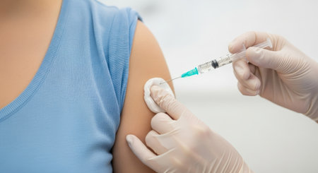 A person receives a vaccine shot in the arm from a healthcare professional, highlighting the importance of immunization and healthcare.の素材
