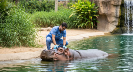 A veterinarian in blue scrubs knees beside a hippopotamus in a pool of water, examining its head. The scene is set in a lush, natural environment.の素材