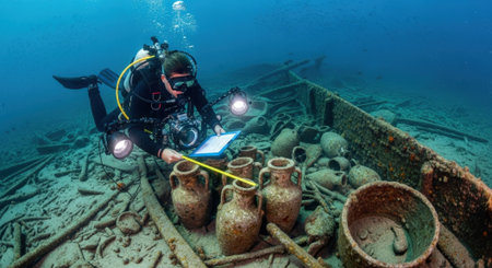A diver meticulously documents a submerged ancient shipwreck, surrounded by well-preserved amphorae, revealing a glimpse into maritime history and underwater archaeology.の素材