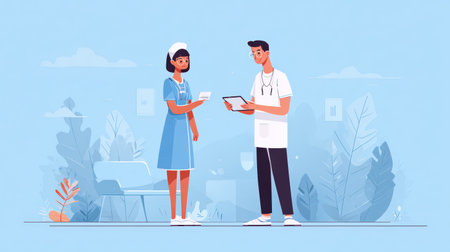 A nurse in a blue uniform and a doctor in scrubs discuss medical information on a tablet, set against a soft blue background with abstract medical elements.の素材