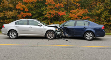 A silver and a blue car are heavily damaged after colliding head-on on a road with autumn trees in the background.の素材