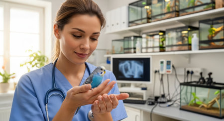 A veterinarian in scrubs gently examines a small blue parakeet in a well-equipped veterinary clinic, ensuring its health and well-being.の素材