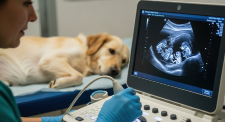 Veterinarian examining a pregnant golden retriever with an ultrasound, revealing multiple puppies on the monitor. The dog is lying calmly on the examination table.の素材
