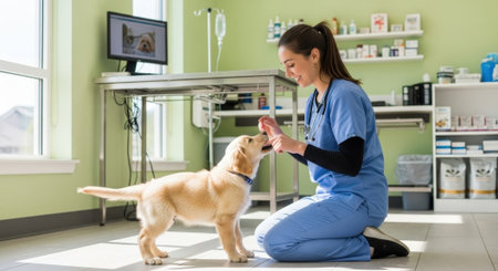 A friendly veterinarian knees to interact with a young Labrador puppy in a bright, clean veterinary clinic, fostering a positive experience.の素材