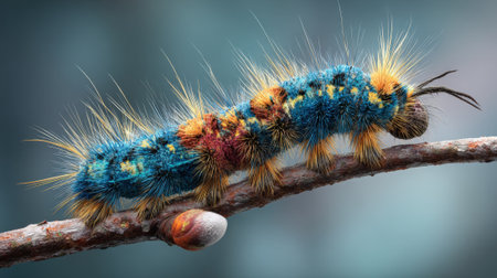 A close-up of two colorful caterpillars with blue, orange, and yellow markings, resting on a slender twig against a blurred background.の素材