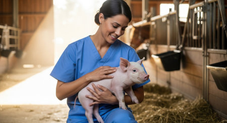 A smiling veterinarian in blue scrubs gently cradles a small piglet in a barn setting, surrounded by hay and farm equipment.の素材