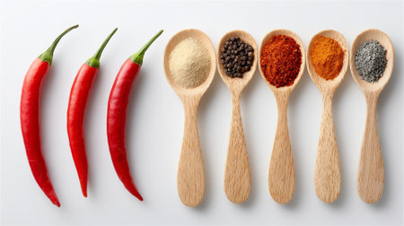 A colorful arrangement of red chili peppers and wooden spoons filled with various spices, creating a visually appealing and aromatic composition.の素材
