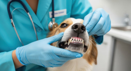 A veterinarian in blue scrubs and gloves examines the teeth and gums of a calm dog during a routine checkup at an animal hospital. Close up on the dogs mouth.の素材