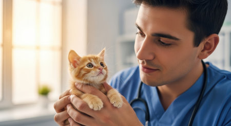 A kind veterinarian gently holds a small orange tabby kitten during a routine checkup in a bright, clean clinic setting.の素材