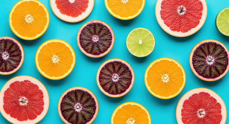 A colorful overhead view of various citrus fruit slices including grapefruits oranges and blood oranges arranged on a vibrant blue surfaceの素材