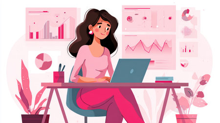 Illustration of a woman working at her desk, analyzing data on her laptop with charts in the background, showcasing business analytics and productivity.の素材