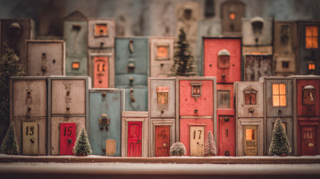 A charming advent calendar village featuring a collection of colorful doors, each a unique portal to holiday anticipation and festive cheer.の素材
