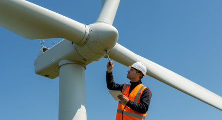 A technician in safety gear inspects wind turbine blades against a clear blue sky, ensuring renewable energy infrastructure is well-maintained and efficient.の素材