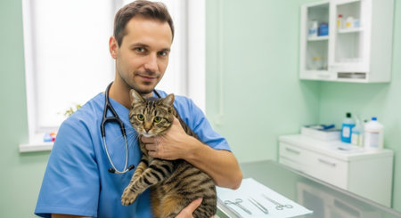 A caring veterinarian in scrubs holds a tabby cat in an examination room, showcasing pet care and veterinary medicine.の素材