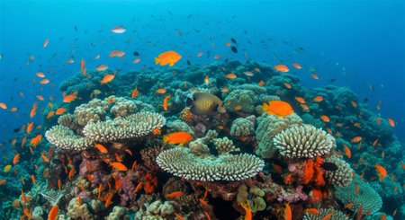 A thriving coral reef teeming with colorful fish and diverse coral formations, showcasing the beauty and biodiversity of underwater ecosystems.の素材