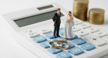 A symbolic representation of wedding budget planning, featuring bride and groom figurines, wedding rings, and stacks of coins on a calculator.の素材