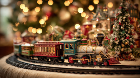 A detailed vintage toy train set encircles a miniature Christmas tree, with warm bokeh lights from a larger tree in the background.の素材
