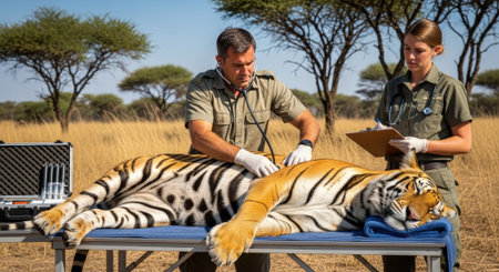 Two veterinarians are examining a tranquilized tiger lying on a table in a savannah. One vet is injecting the tiger, while the other takes notes.の素材