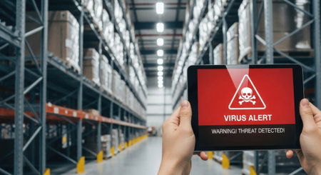 A person holds a tablet displaying a virus alert in a warehouse setting, indicating a potential security threat.の素材