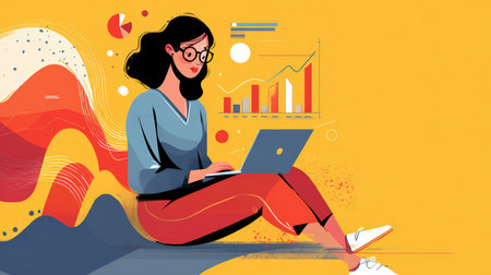 Illustration of a woman working on a laptop, analyzing data with charts and graphs in the background, showcasing business analytics and technology.の素材