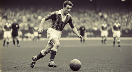 A vintage photograph capturing a soccer player in action, dribbling the ball across the field in a packed stadium. The image has a classic, nostalgic feel.の素材